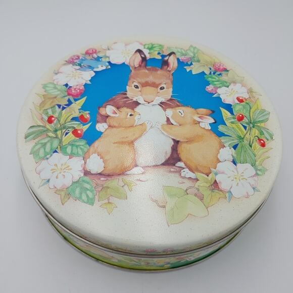 Round Metal Candy Cookie Treat Tin Bunnies‎ Flowers Spring Easter 6.5" - Picture 1 of 5
